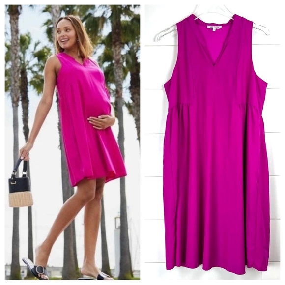 Amanda Uprichard x Le Tote Split Neck Magenta Fuchsia Maternity Babydoll Dress - Picture 13 of 13